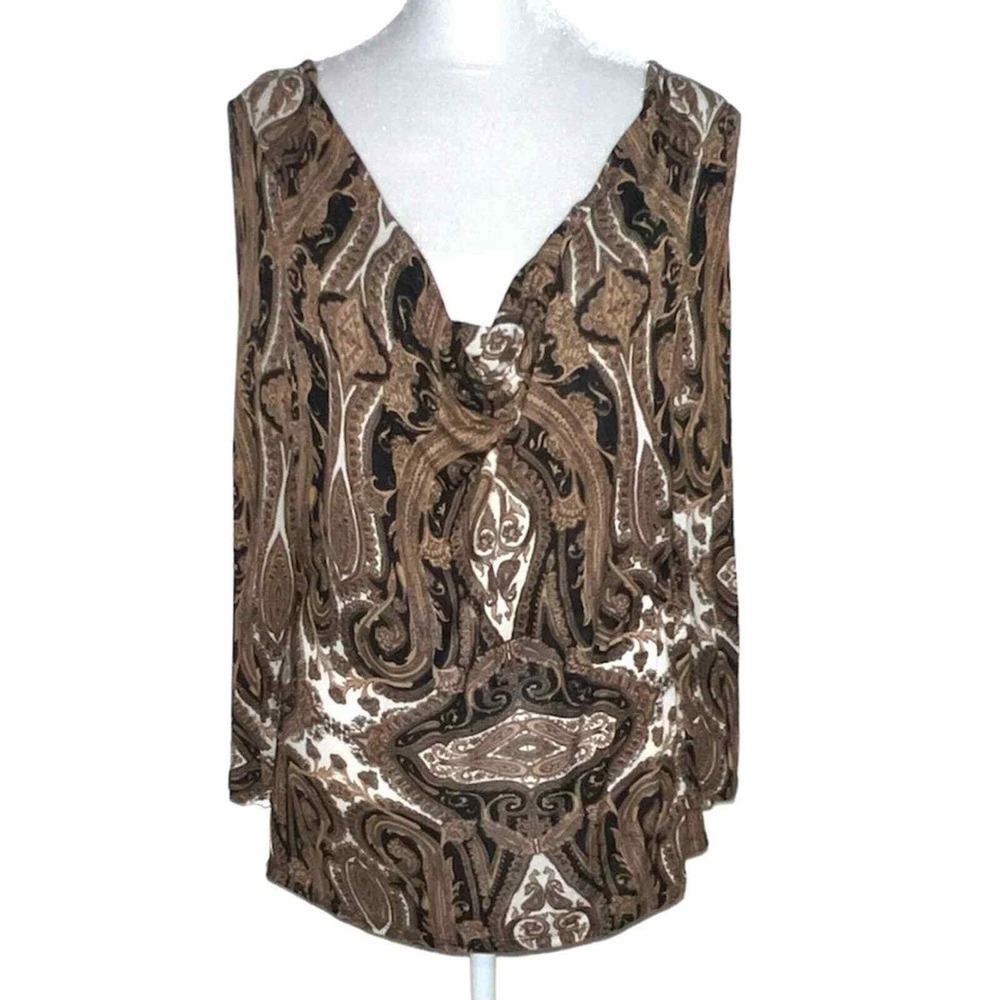 Michael Michael Kors Paisley Cowl Neck Blouse Women L Brown Black Long Sleeve